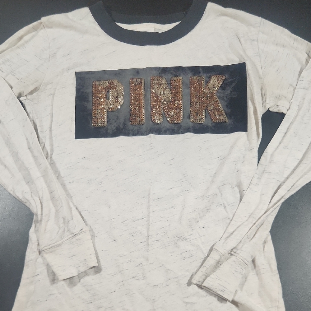 Victoria's Secret Pink  Heathered Sequin Lettered Bikercore Long Sleeve Tee